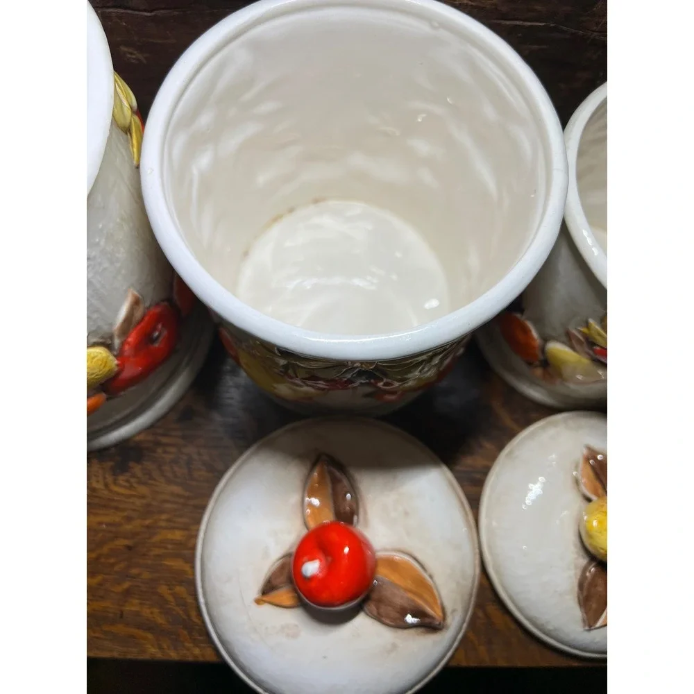 VTG Napcoware Japan 4 Piece Ceramic Fruit Canister Set Cream Grannycore